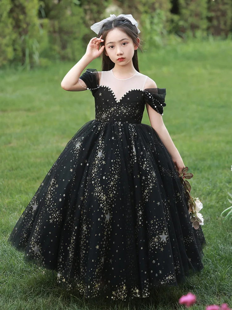 Black Evening Dresses for Kids Girl Elegant Gala Dress for Girls Children Beading Sequins Maxi Ball Gown Infants Hostess Costume