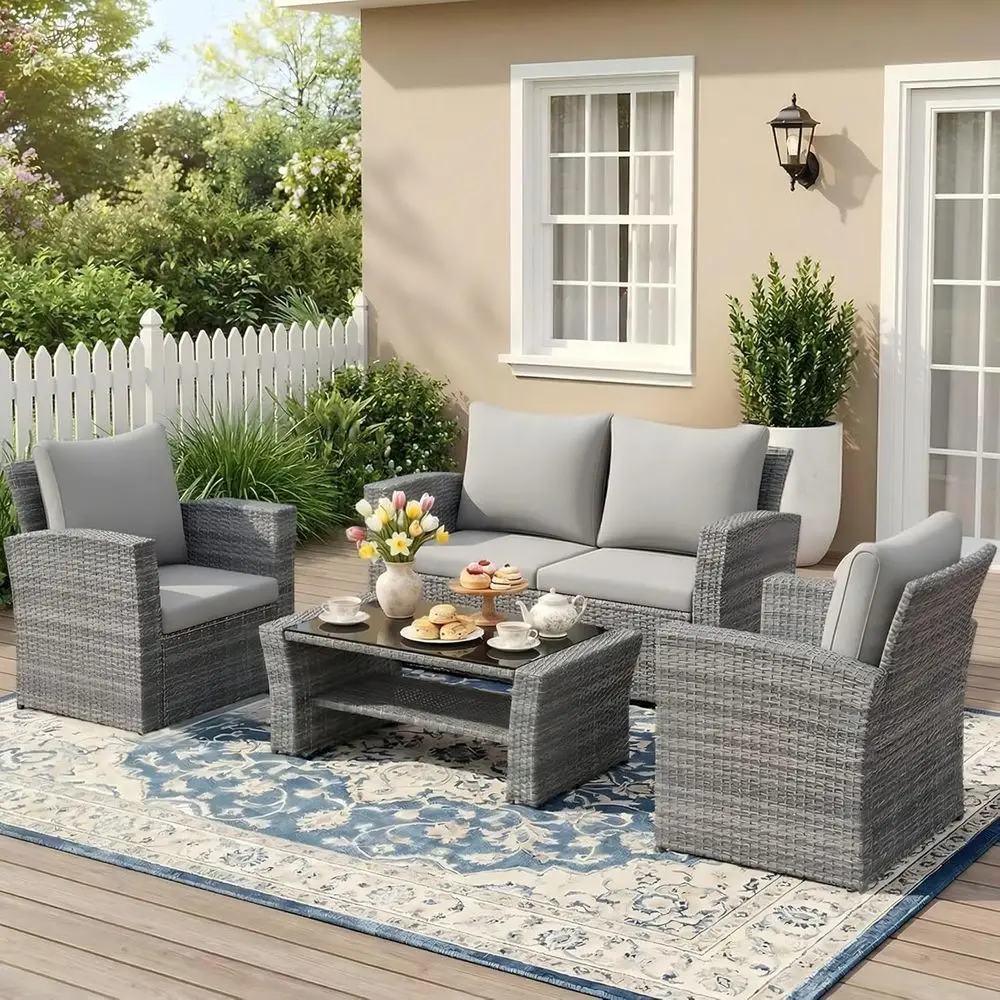 

All-Weather Wicker Patio Furniture Set with Cushions and Glass Table, Ash Gray