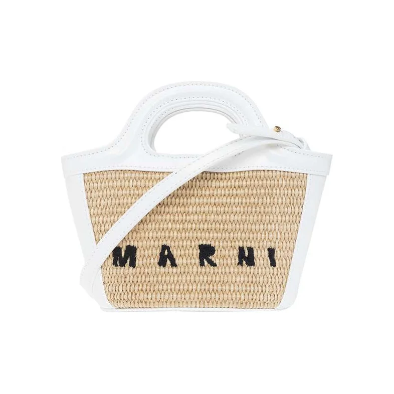 MARNI TROPICALIA, bolso tipo cubo de rafia y piel de becerro con motivos de hojas de coco, bolso de mano, bolso de compras, bolso para mujer, color blanco/beige, modelo BMMP0067Q0.