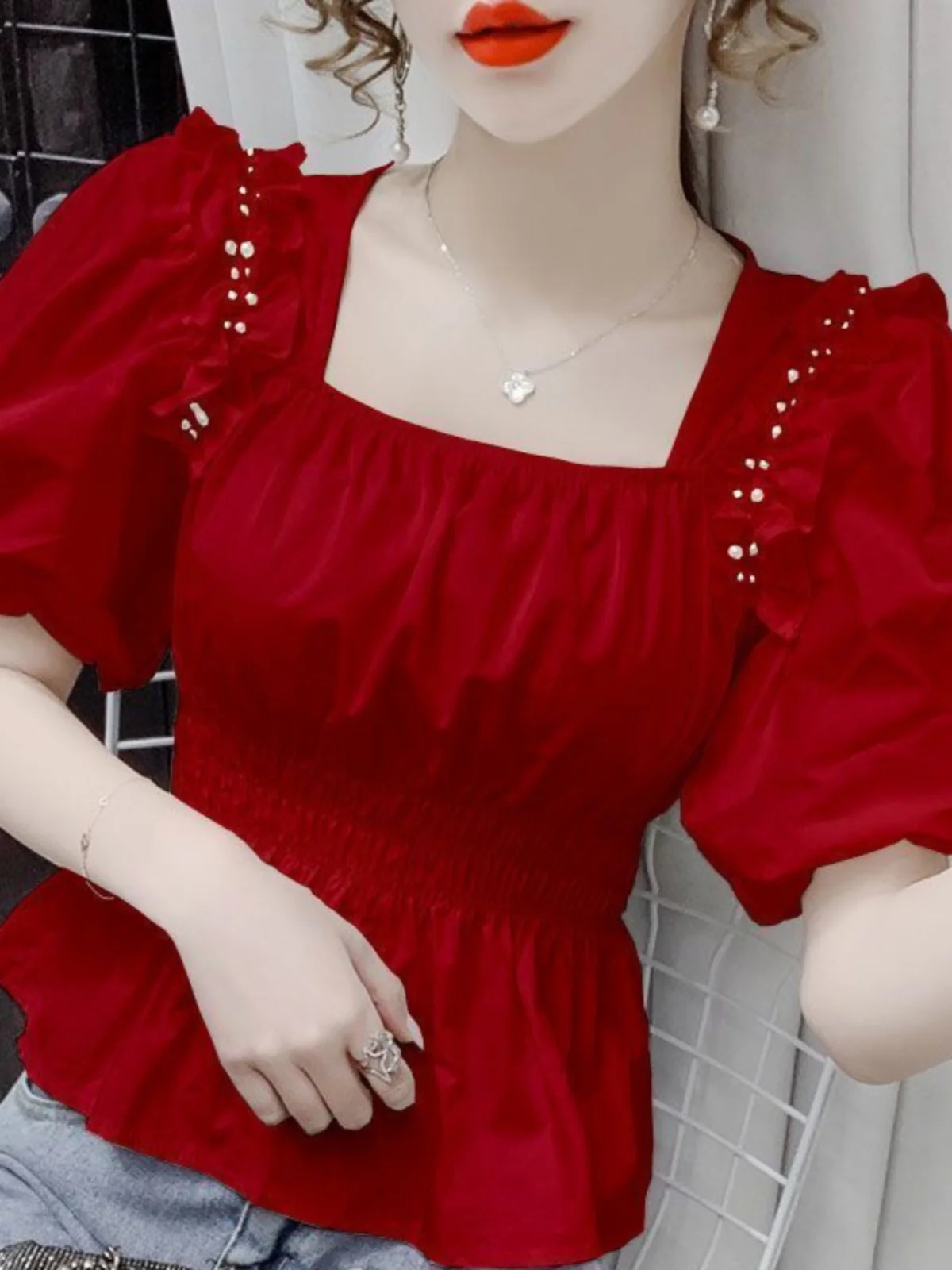 

Stylish Short Sleeve Square Collar Shirt Women's Fashionable Chiffon Top Waist Cinched Meat Concealing Summer New Arrival