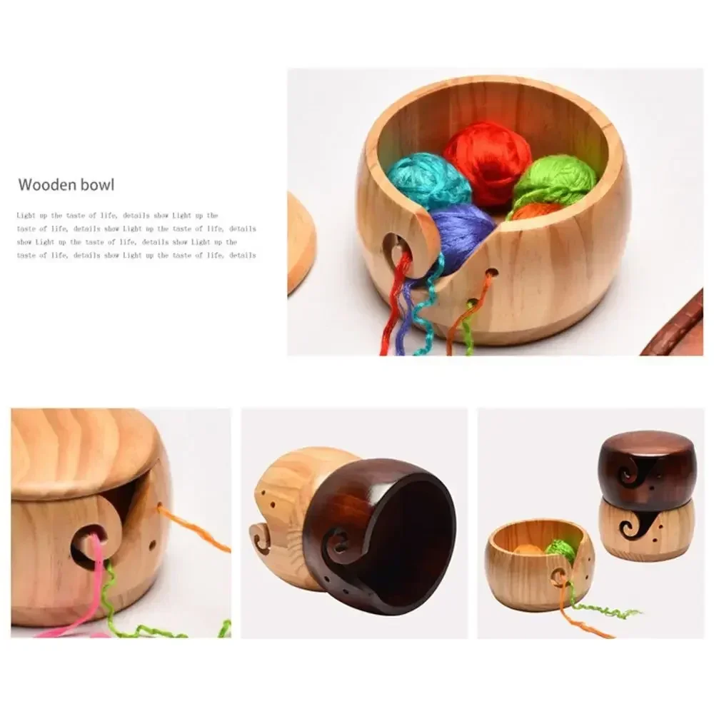 With Handmade Holes Woolen Knitting Storage Basket Wool Holder Organizer Knitting Crochet Weaving Tool Wooden Yarn Bowl