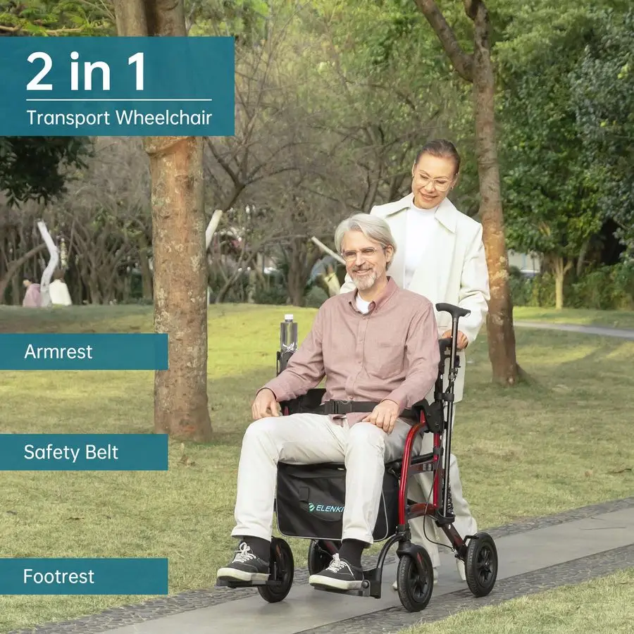 Rollator Walker Transport Rollstuhl-Kombination mit Stoßdämpfer, 2-in-1 Rolling Walker mit Sitz, All-Terrain-Räder für Senioren,