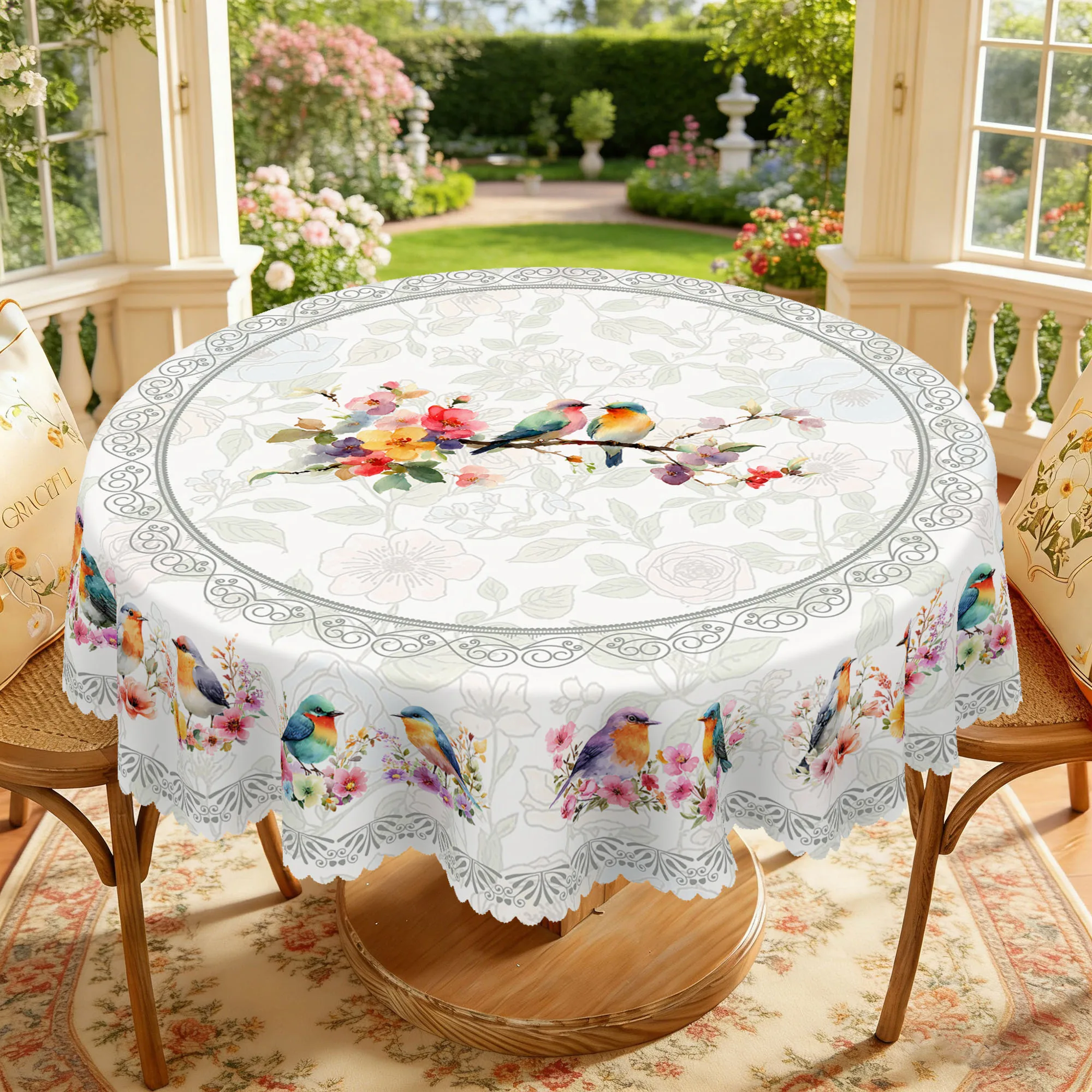 1 Piece of Vintage Watercolor Floral and Bird Tablecloth in Round and Rectangular Shapes, Available in Various Sizes, with a Light Beige Base Color Featuring Intertwined Light-Colored Floral and Bird Designs, Paired with a Printed Tablecloth Featuring Vivid Colored Feathers and Blooming Flower Branches, with Embossed Edge Design, Suitable for Use in Home Dining Rooms, Patio Gardens, and as a Decorative Item for Country Farm-Themed Events, and for Home Decor in All Seasons