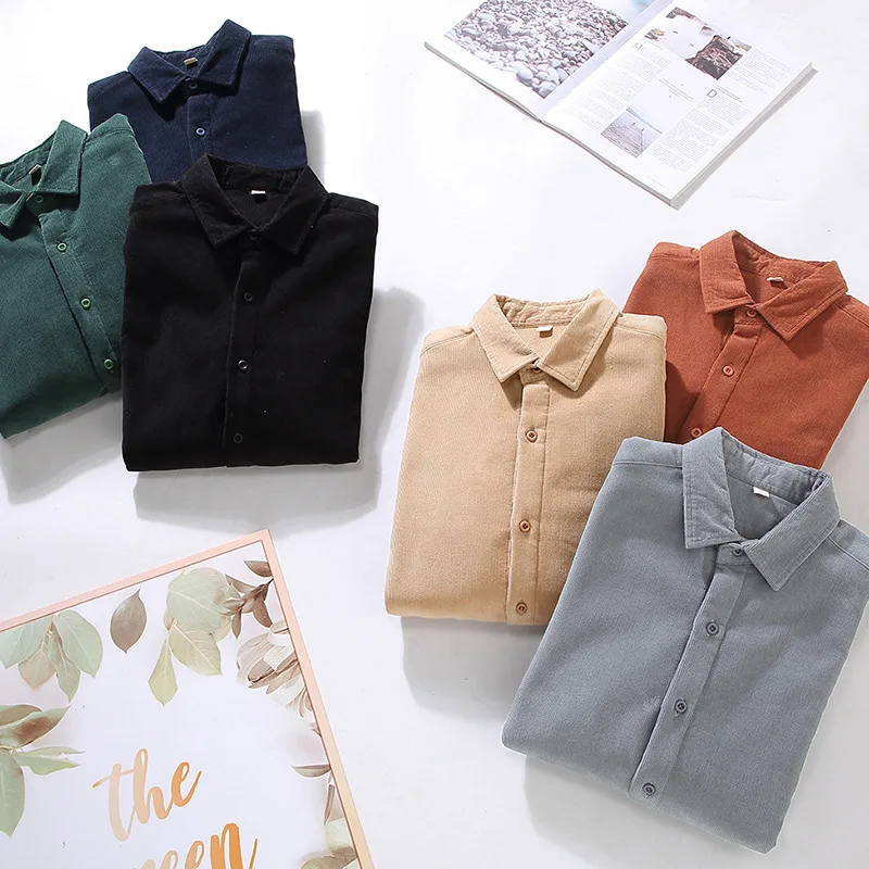 Classic Winter Shirt Men Daily Casual Keep Warm Clothing Solid Turn Down Collar Corduroy Fleece Shirts Japanese Vintage Clothes