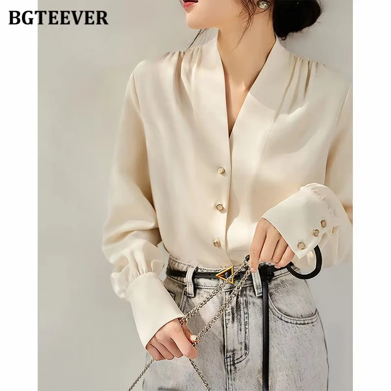

BGTEEVER Stylish V-neck Single-breasted Ladies Shirts Blouses Elegant Long Sleeve Loose Female Blouse Office Spring Blusas