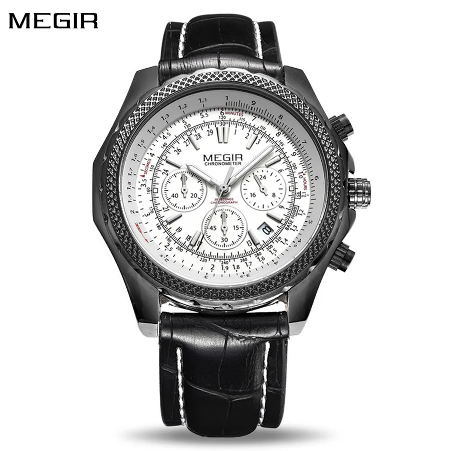 

MEGIR Luxury Quartz Wristwatches Fashion Casual Leather Strap Men Sports Watch Large Dial Chronograph Date Clock Montre Homme