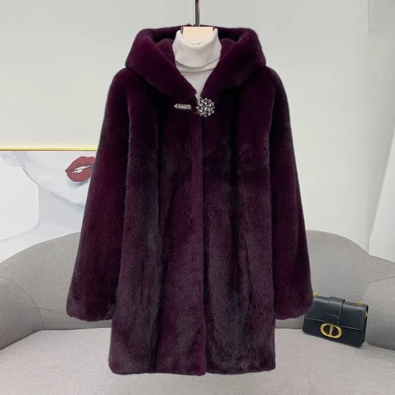 

Fur Mink Jacket wWomen's Overcoat Fashion Loose Mother Leisure Hooded Mink Coat New Autumn Winter Thick Warm Parker Coat Outwear