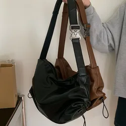 Soft PU Leather hobos Shoulder Bag for Women Trend Wide straps Ladies Simple messenger bag Fashion Ruched Design Female Handbags