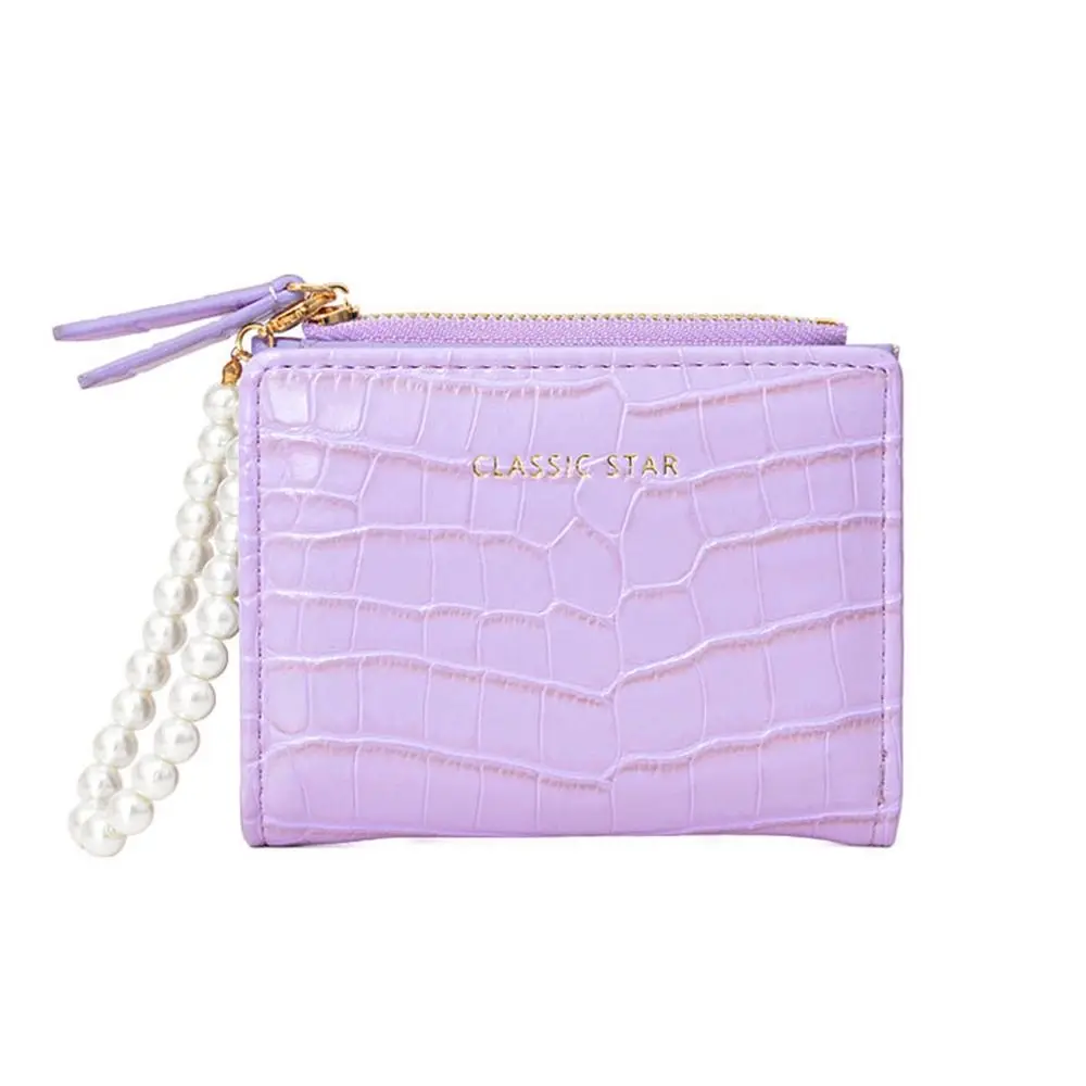 

Korean Style Pearl Chain Short Wallet Purse Card Holder Solid Color Card Holder PU Short Clutch Crocodile Pattern Card Bag