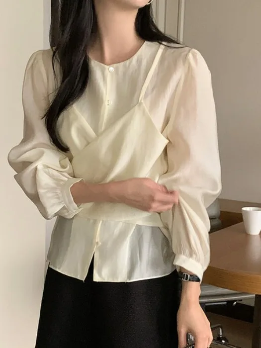 

Ele Chic Long Sve Women's irt round Ne Cross Tie Design Versatile Layering Fake Two-Piece Sle Commute ential