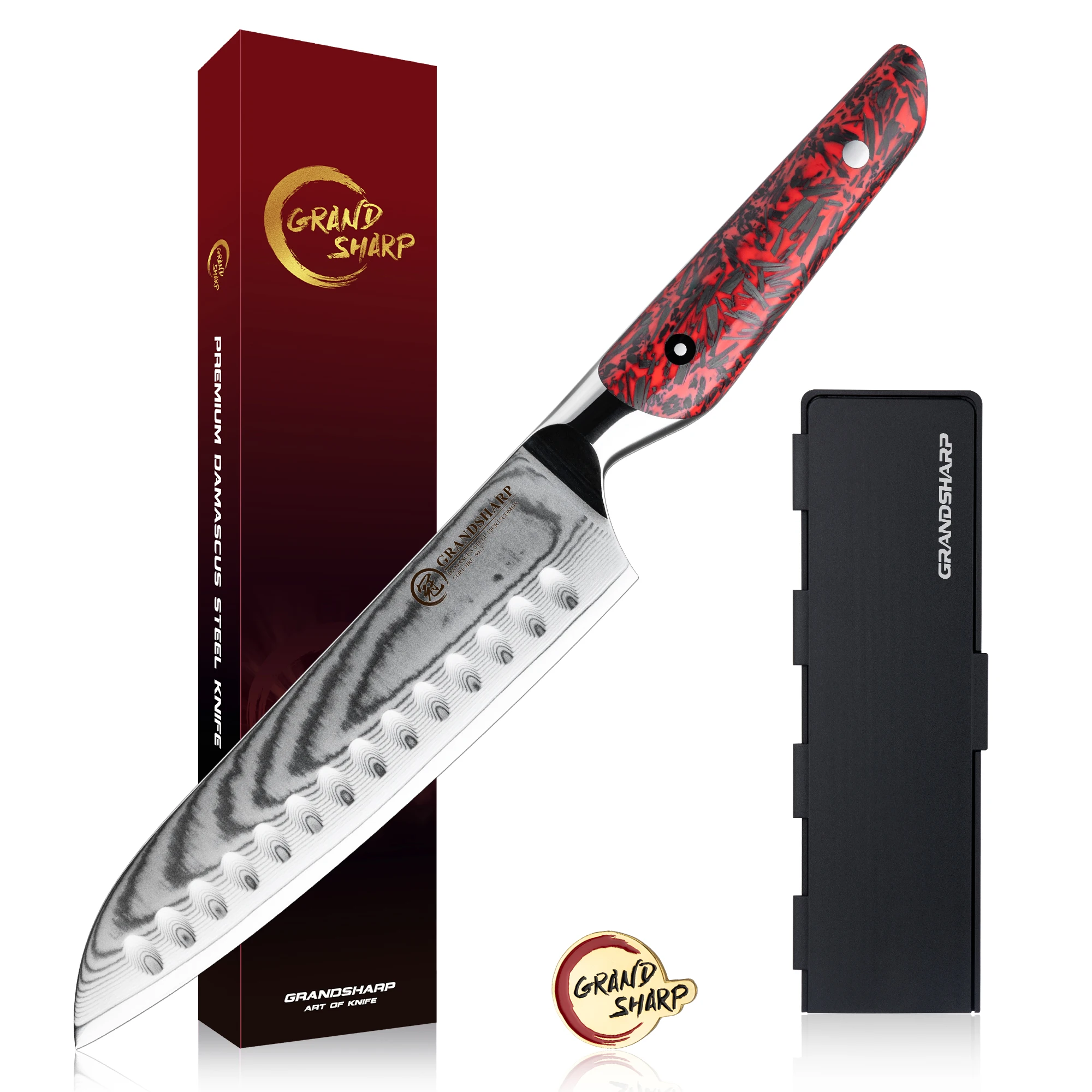 

Нож Grandsharp 7,5 дюйма Santoku, нож в японском стиле, дамасская сталь, Pro, кухонный нож с красной смолой + ручка из углеродного волокна