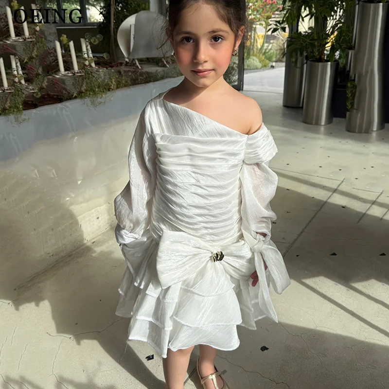 

OEING Simple Ivory Flower Girl Dresses One Shoulder Pleats Tiered Bows Mini Princess Party Dress For Girl's Birthday Customized