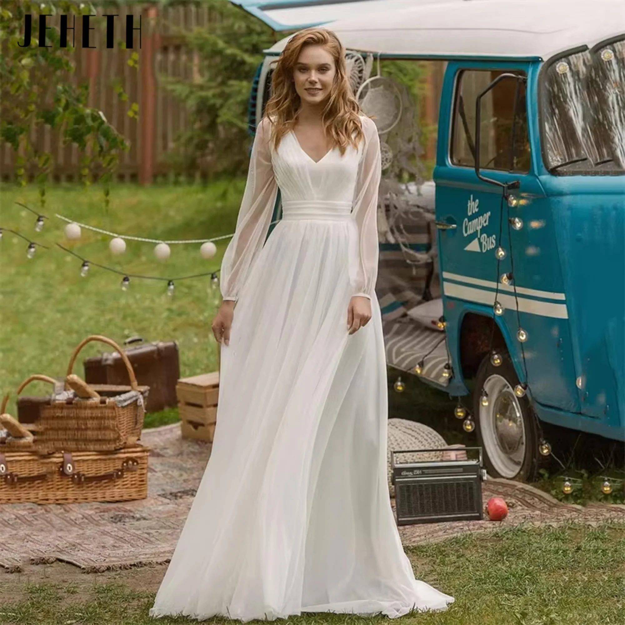 

JEHETH Elegant A-Line Wedding Dress Women 2025 V-Neck Long Sleeve Princess Zipper Back Bridal Gown Vestidos De Noiva Customized