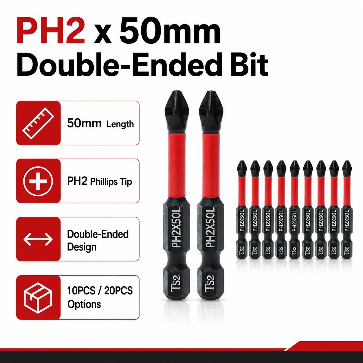 Conjunto de 10/20 Pontas Magnéticas PH2 para Chave de Fenda, 50mm, Aço S2, Resistentes a Impacto, Antiderrapantes, Alta Dureza, Ferramentas para Reparos Domésticos