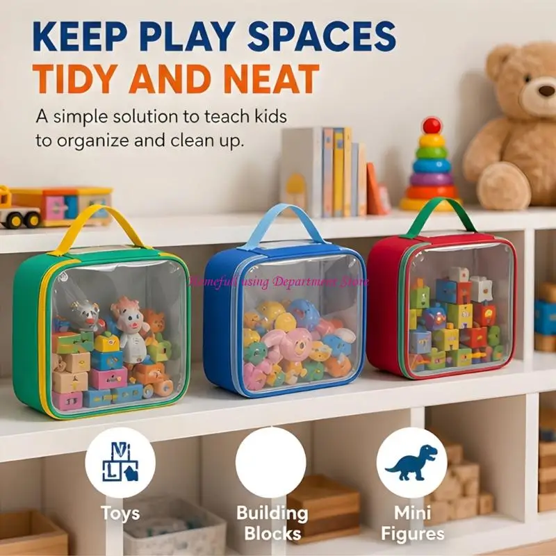Clear Front Storage Bags Set of 3 with Carry Handles and Zippered Opening, Small Item Storage for Puzzle Parts, Craft Tools, and