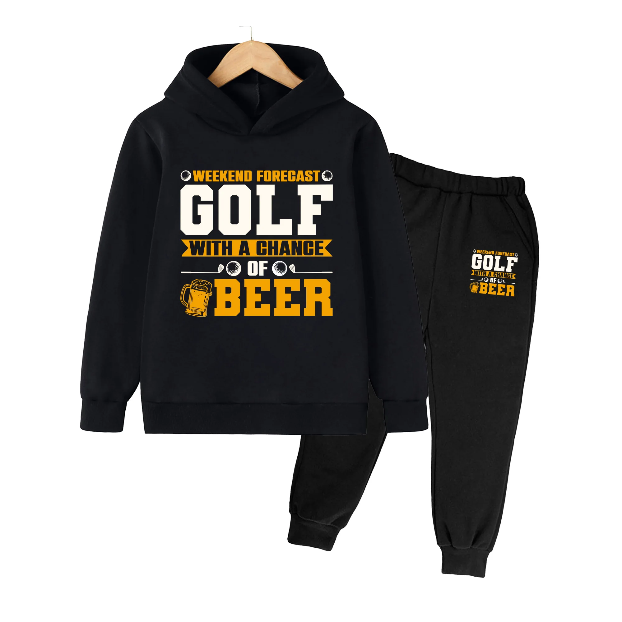 Kids Golf & Beer Print Hoodie and Pants Set, Casual Sportswear for Boys Girls Weekend Outdoor Activities