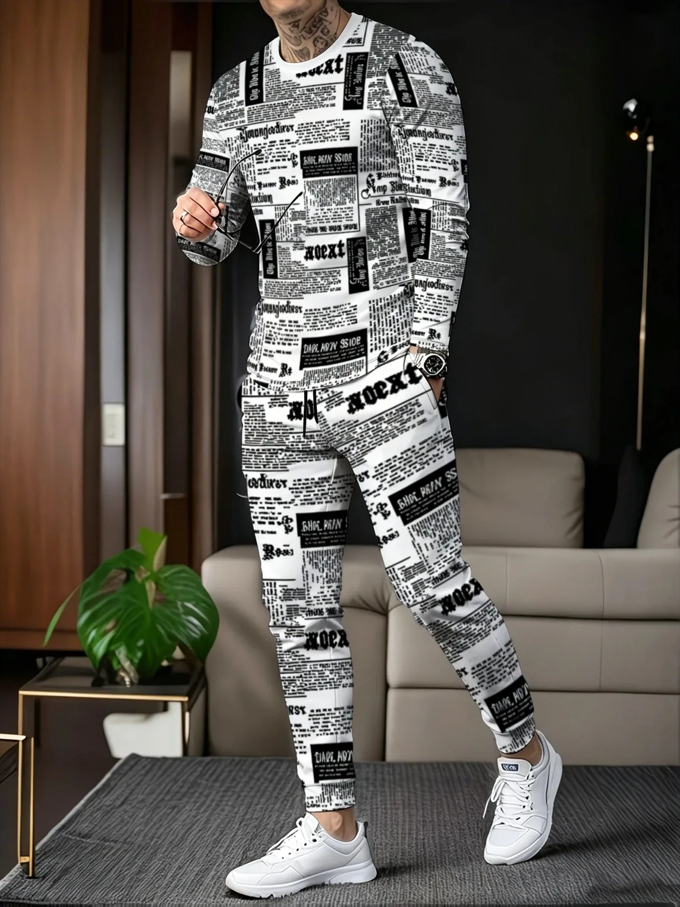 Conjunto de Pantalones y Camisa de Manga Larga para Hombre, Otoño 2026, Estilo Casual Urbano, Suave y Cómodo, con Estampado de Periódico en 3D