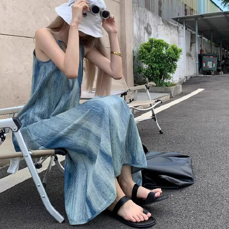 

French High Street Beautiful Tie Dye Halters Dress Female Summer Harajuku Casual Relaxed Lazy Edge Holiday Beach Long Skirt Tide