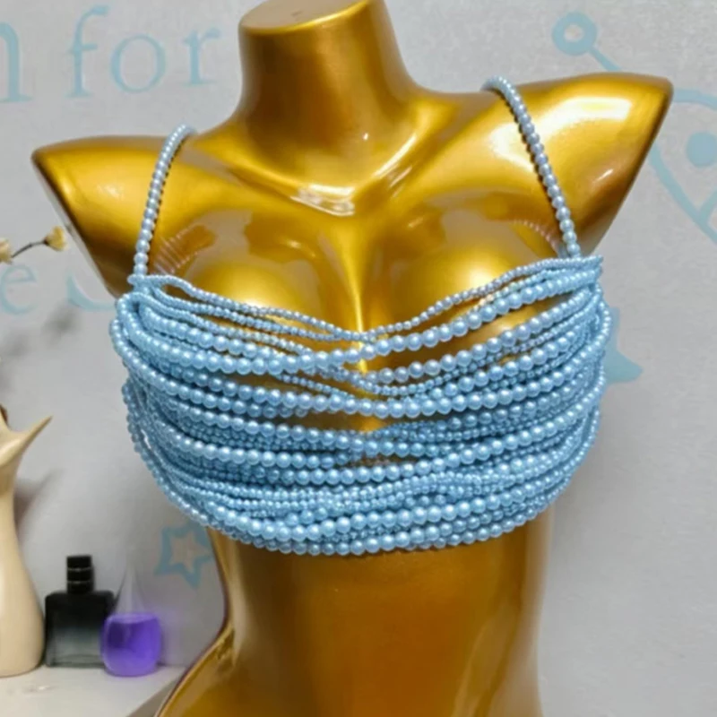 Damen Perlen-Körperkette BH Sexy Mehrlagiges Perlen-Y2K-Crop-Top Spaghetti-Träger Strand-Bikini-Überzug футболка+женская 2026 – Detail 10