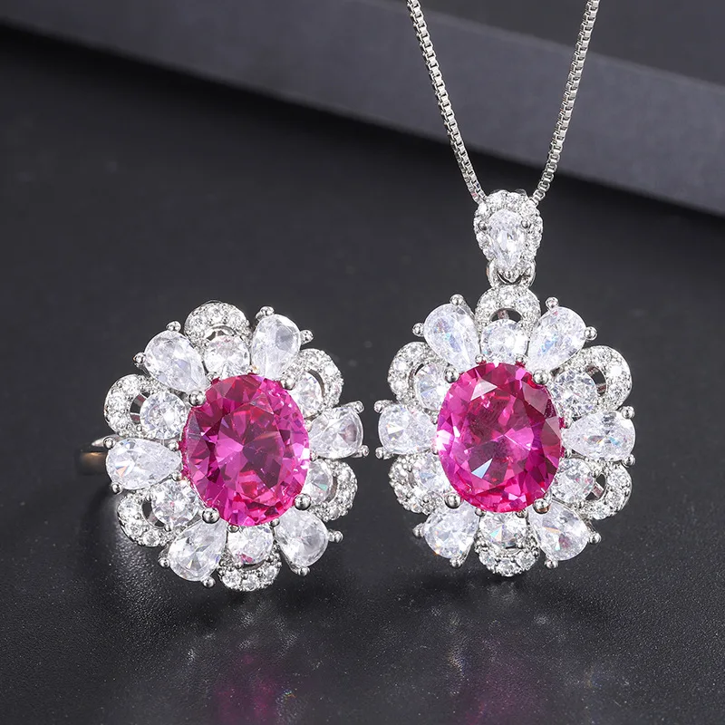 

Red Corundum Banquet Pendant European and American Red Ruby Ring for Women Noblewoman Gemstone Jewelry Set