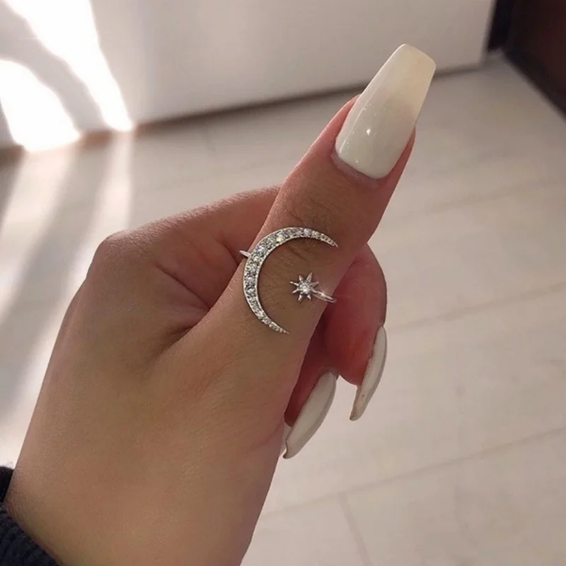 New Silver Plated Crescent Moon Ring | Star and Moon Ring | Ethnic Style Star Moon Index Finger Open Ring, Cubic Zirconia