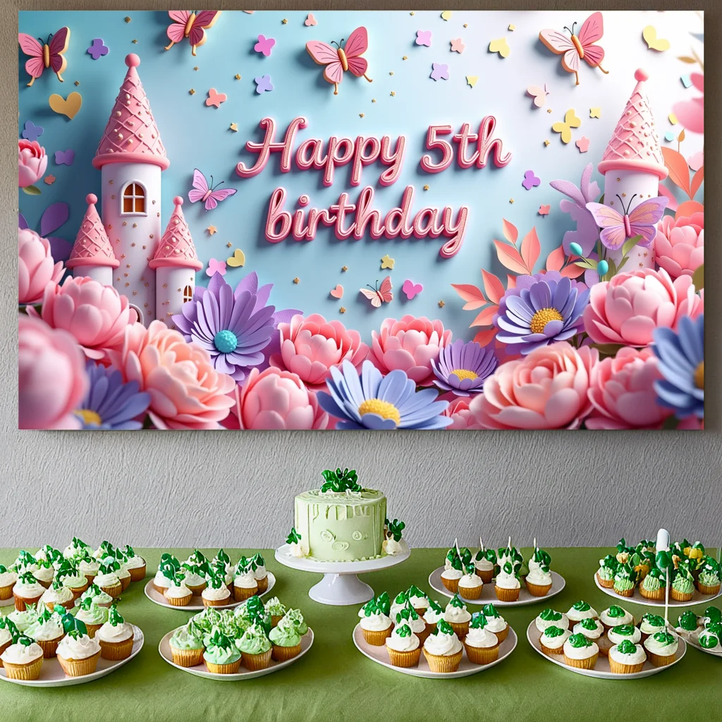 Floral Birthday banner Fun Customizable Lightweight Castle scene Engaging Backdrop for Party