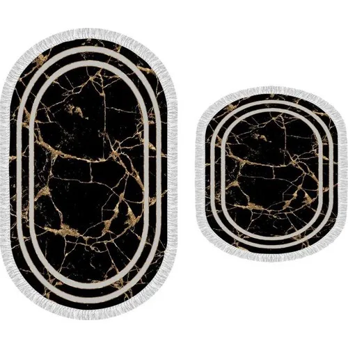 Dowry Wonderland Oval Fringed 2'li Bath Mat Pad Linear Stone Black Gold