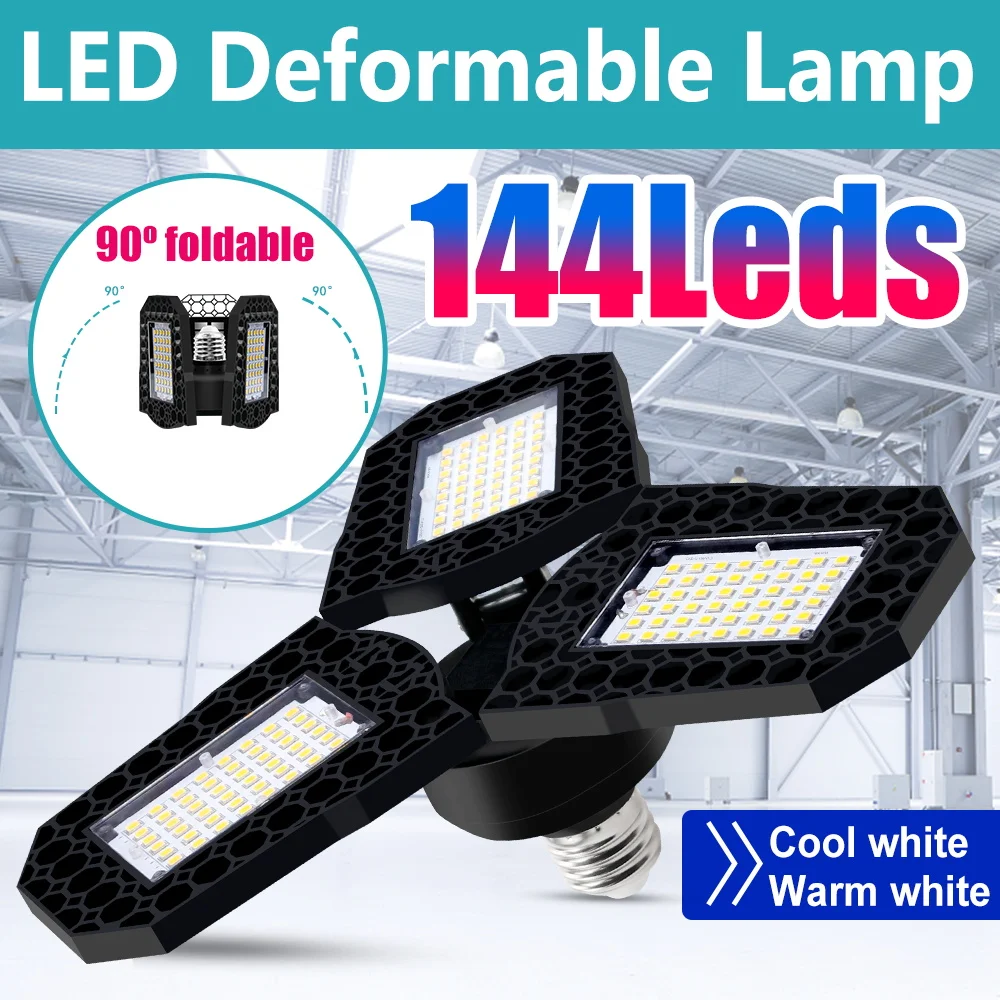 LED Garage Lamp Ceiling Light Bulbs E26/E27 High Bay Lamps Fan Blade Shed Lights UFO 3Adjustable Panels Deformable 220V/110V