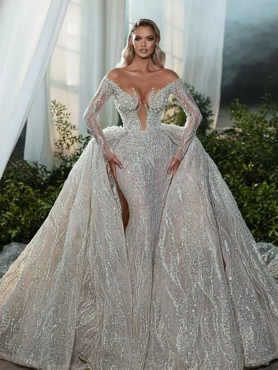 Gorgeous Mermaid Pearls Wedding Dress With Detachable Tarin Beading Sequined Bridal Gowns Country Long Sleeve Robes De Mariee