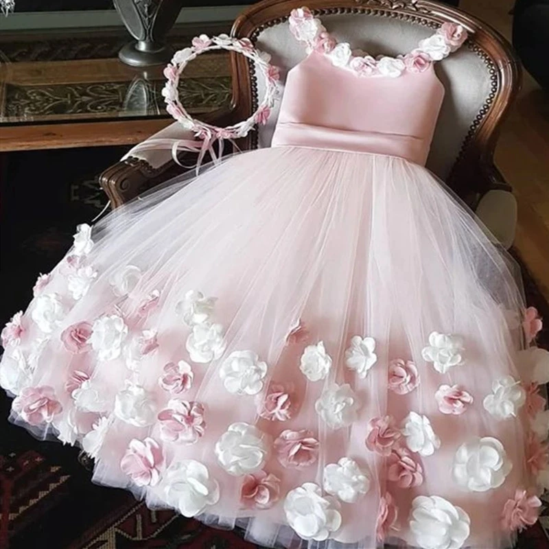 Puffy A-line Flower Girl Dresses Lace Beading Communion Dress Tulle Sashes Straps Ball Gown Girl Party Dress New