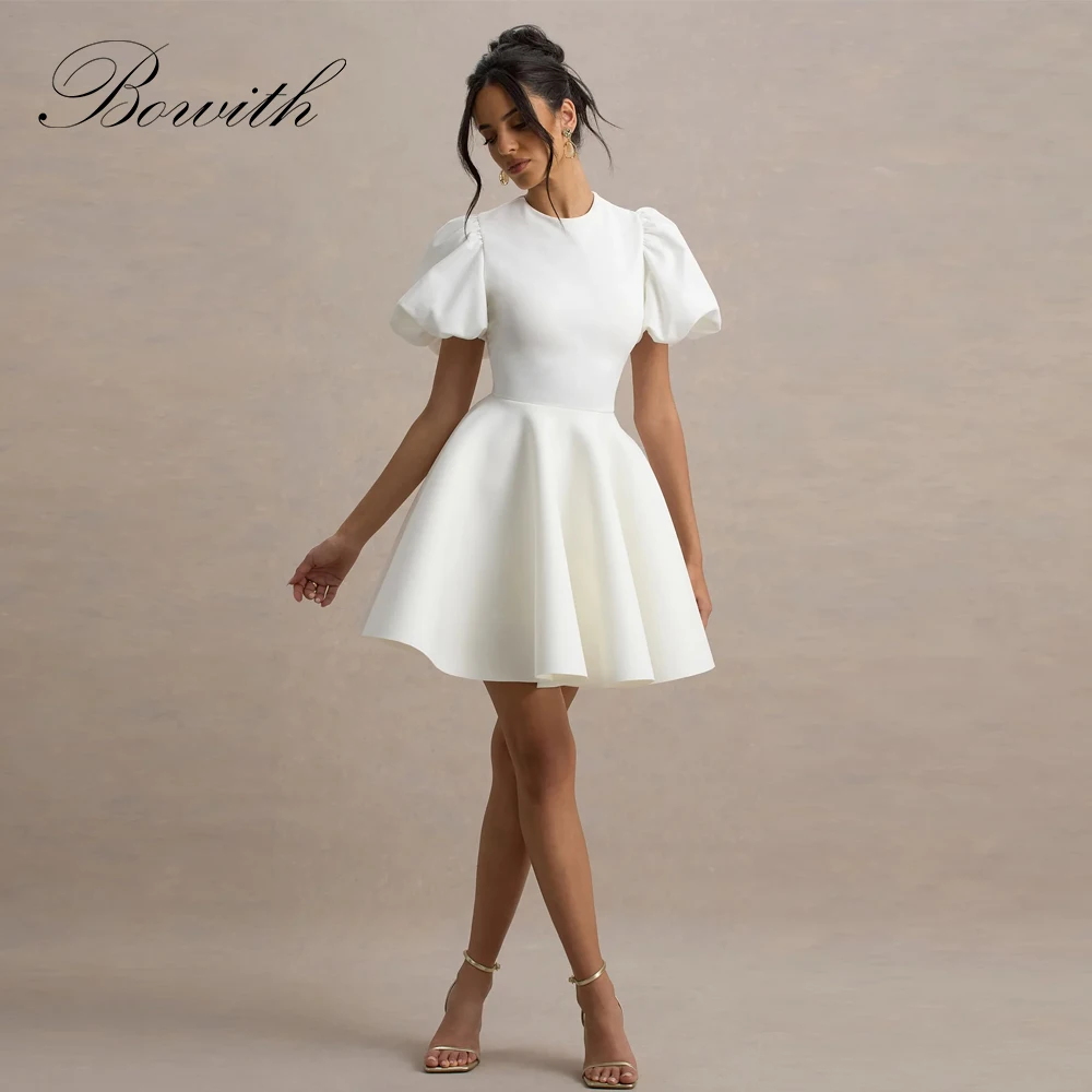 

Bowith Mini Prom Dresses O-Neck Short Sleeves Wedding Party Dresses Customized A Line Draped Night Club Dress Homecoming Dresses
