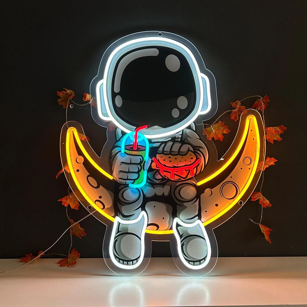 

Astronaut Drinking Juice And Eating Burger On The Moon Neon Sign Custom Restaurant Food Shop Decor Led Neon Light Business Signs