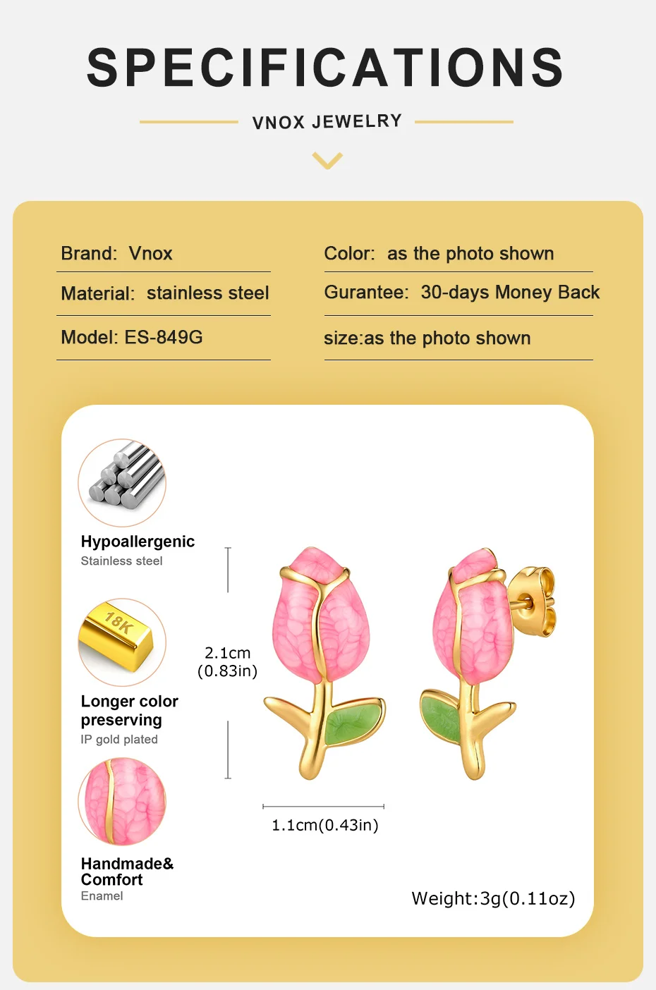Vnox vergoldete Rosenblüten-Ohrringe für Damen, Edelstahl, niedliche rosa Emaille-Ohrstecker, französischer Stil, ästhetischer Schmuck – Detail 4
