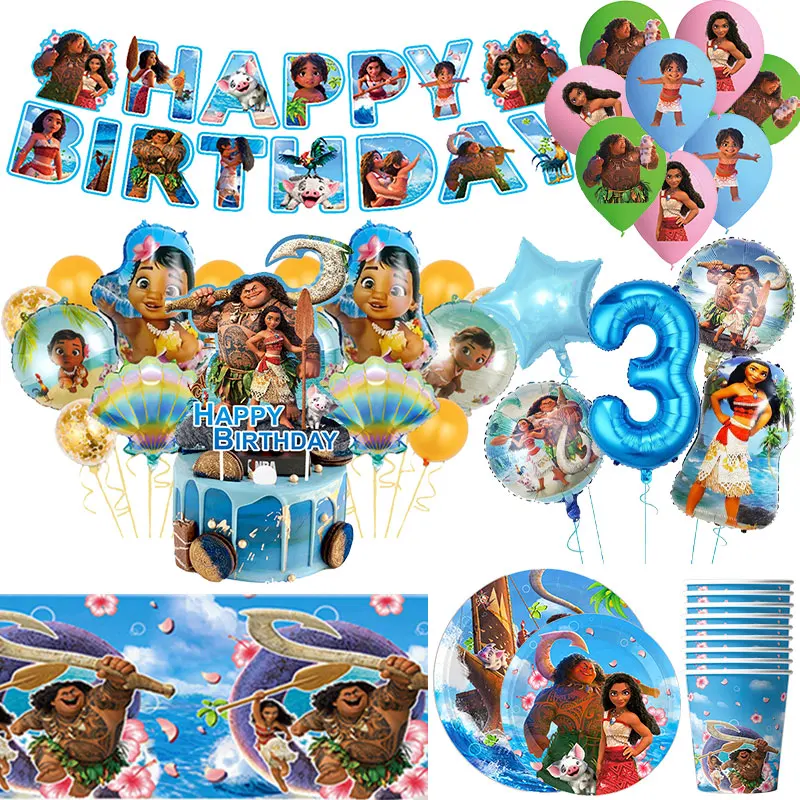 Disney Baby Moana 2 Birthday Decoration Balloon Tableware Cups Plates Backdrop Banner Kit Vaiana Moana Theme Deco Party Supplies