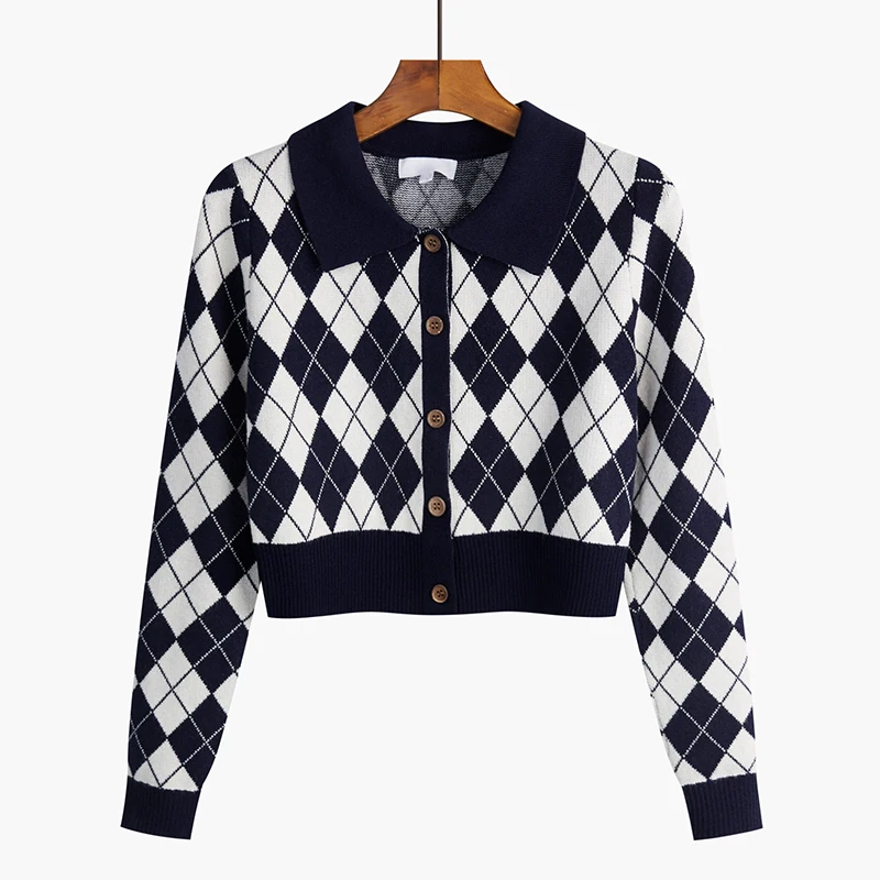 Suéter de punto para mujer, cárdigans nuevos de manga larga con cuello vuelto, suéter de punto a cuadros, cárdigan, Tops para mujer, suéteres, prendas de punto Q826