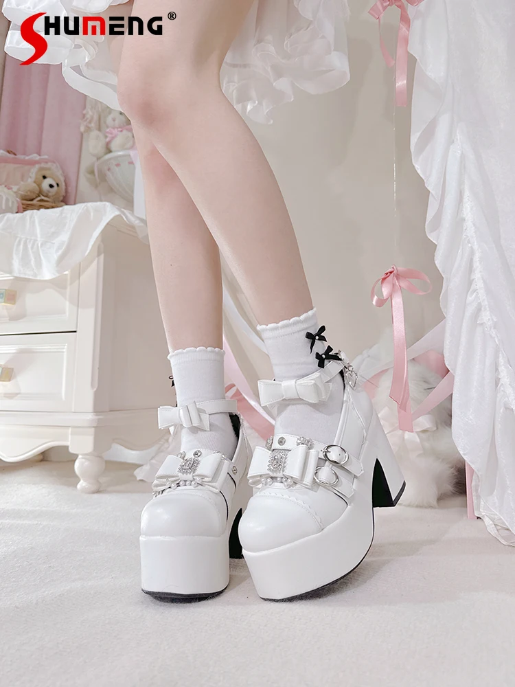 

Japanese Mine Style Mass-produced Sweet Elegant Mary Jane Shoes Heart Diamond Bow Buckle High Platform Heels Women Lolita Shoes