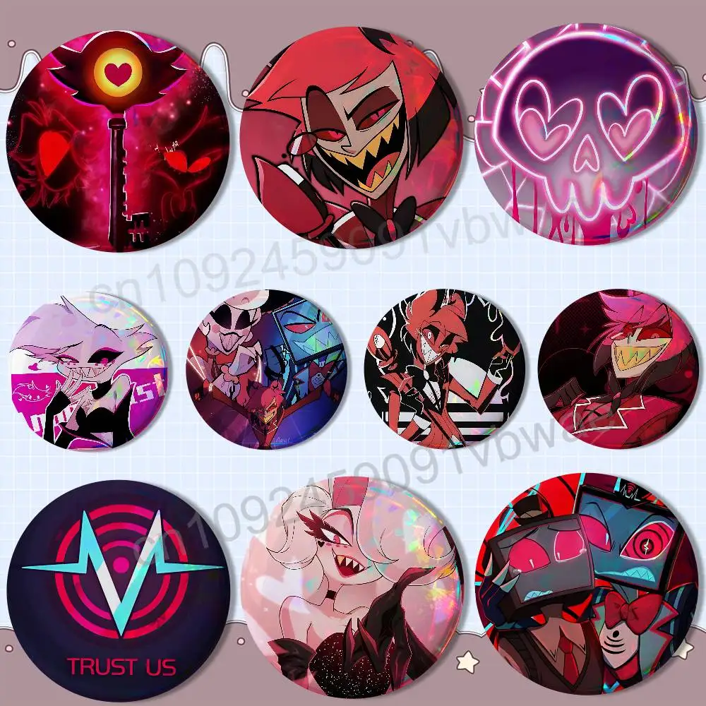 

Alastor Vox Angel Dust Hazbin Hotel Round Exquisite Badge Brooches Creative Pins For Clothes Hat Backpack Gift Accessories