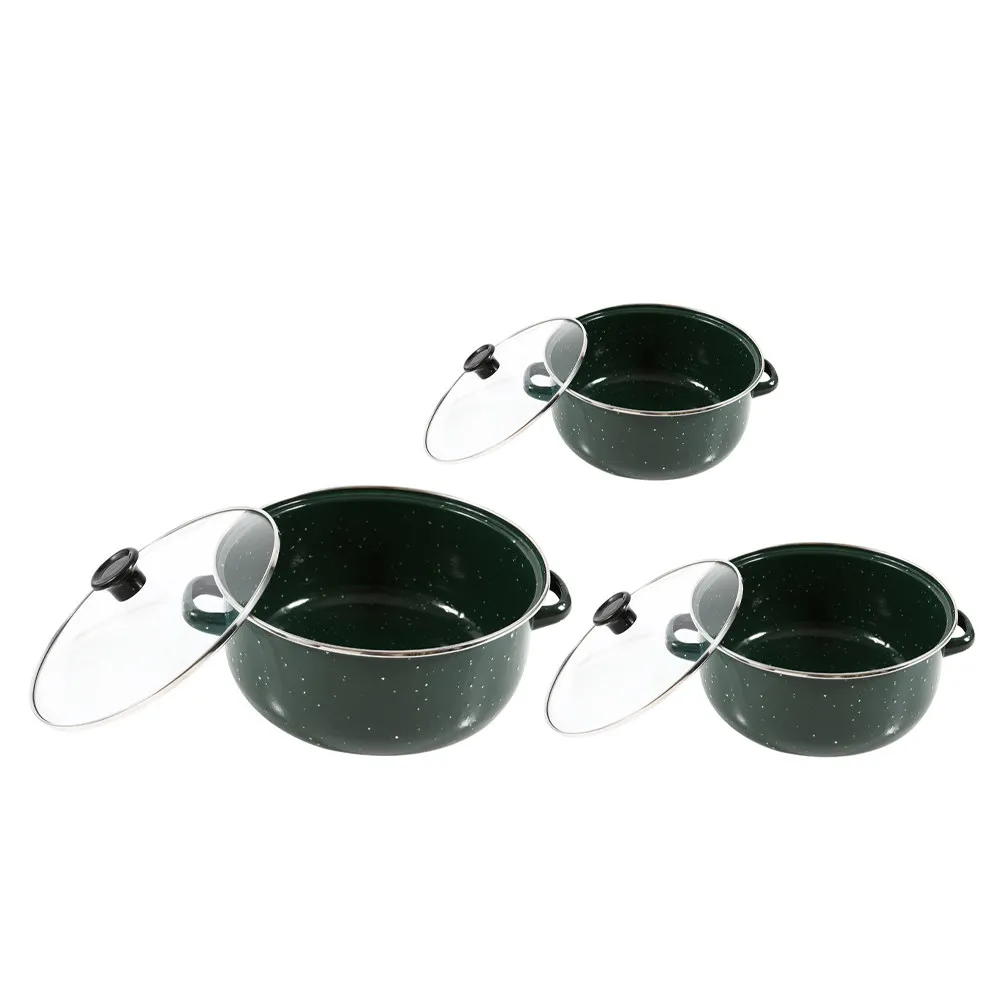 

3Pcs Mini Soup Pot Set Enamel Coated Retro Kitchen Stockpots with Lids Handles Induction Compatible Gas Stove Green Vintage