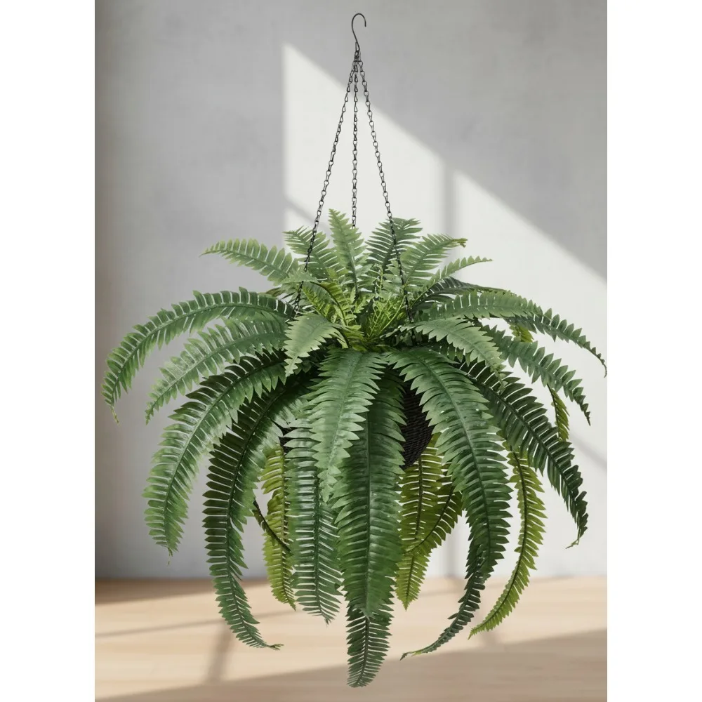 

48-дюймовая реалистичная искусственная подвесная растение бостонского папоротника с корзиной - устойчивая к ультрафиолетовому излучению искусственная зелень для наружного декора в помещении