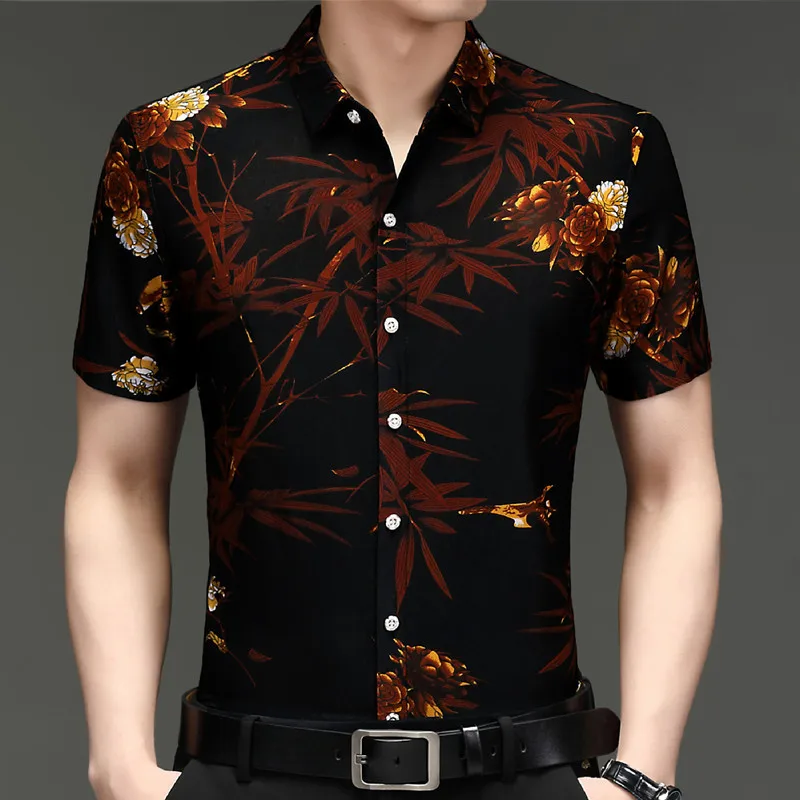 

Hawaiian Shirt Men 2024 Summer Short Sleeve Elastic Shirt Business Leisure Man Loose Black Clothes