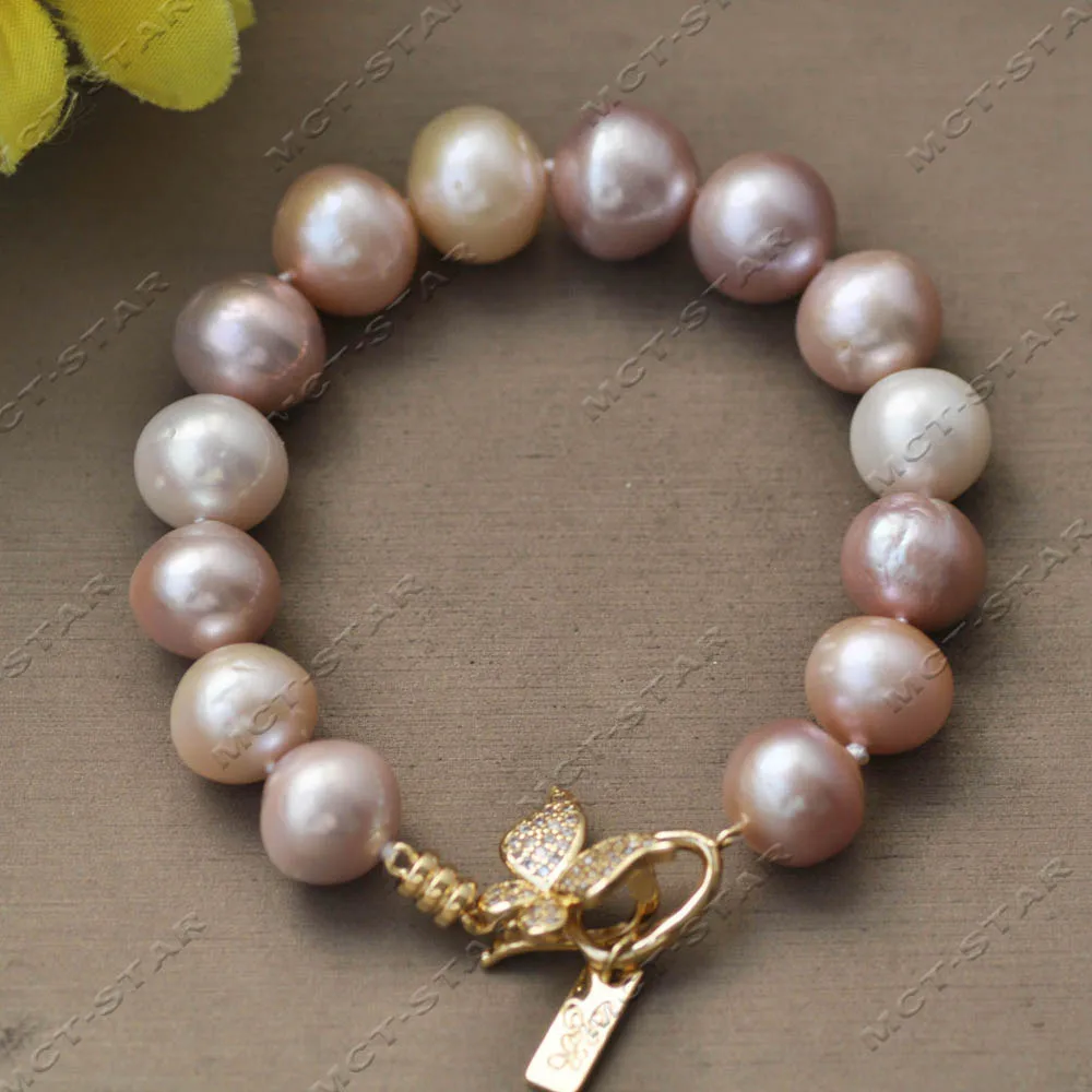 

Z14332 8" 14mm Pink White Lavender Round Edison KESHI Pearl Tower Bracelet Butterfly CZ