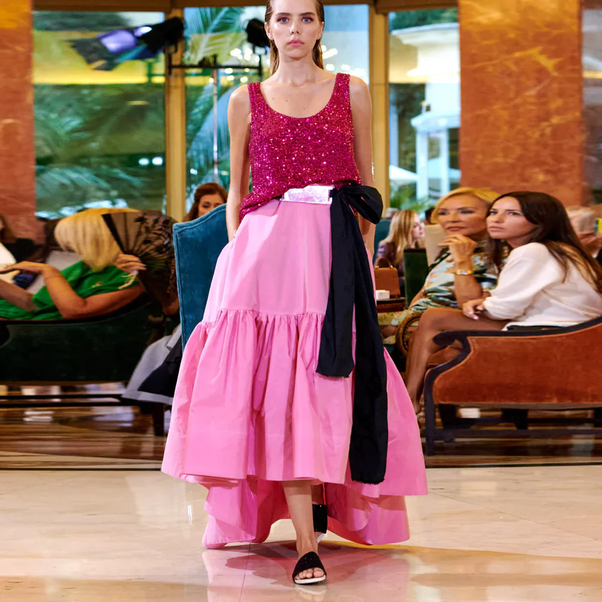 Trendy Pink High Low Evening Skirt with Sash Ruffles Puffy Taffeta Maxi Skirts with Pocket Ruffled Asymmetrical Prom Party Skirt