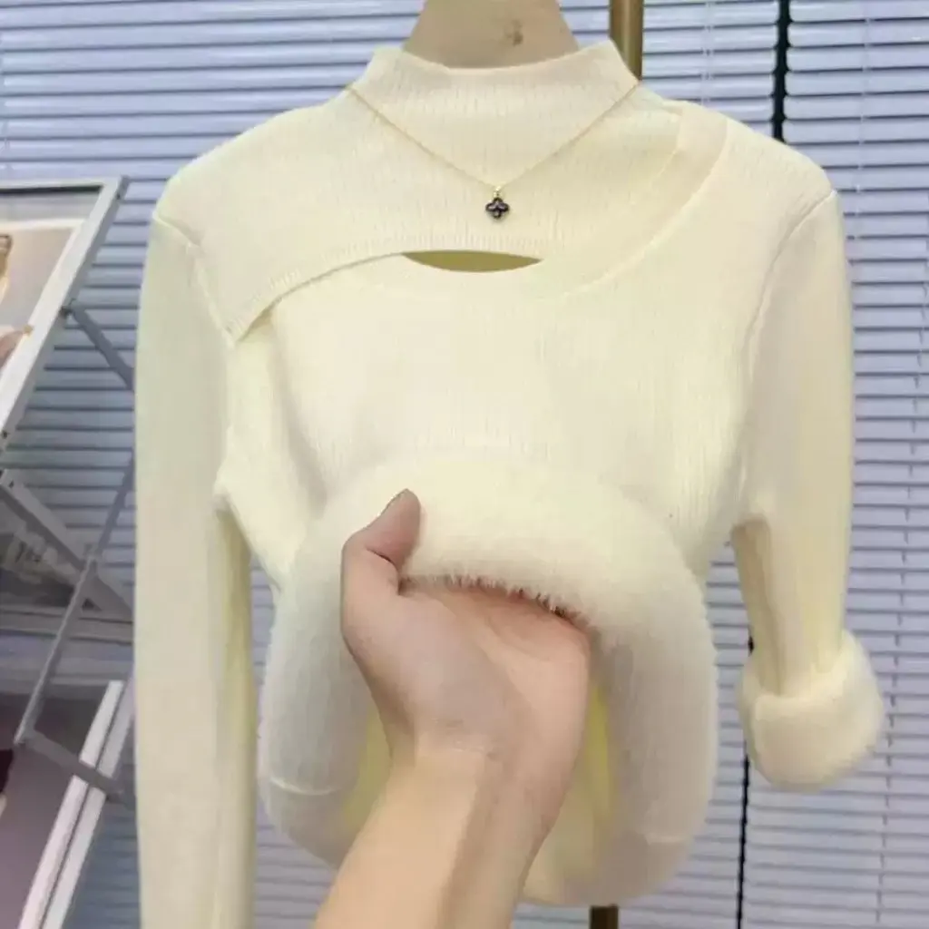 

Зимний модный вязаный свитер на флисовой подкладке, утолщенный полувысокий воротник, универсальный базовый слой, голый машинный трикотаж для женщин