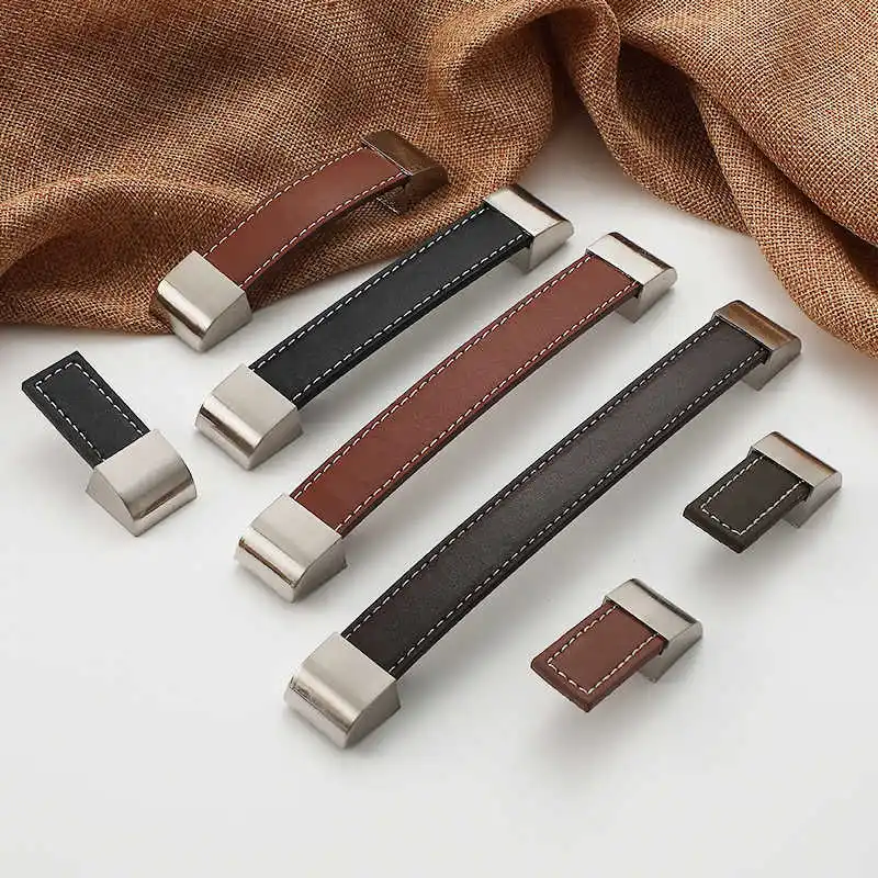 1PCS Nordic Soft Leather Handle Wardrobe Door Drawer Gift Box Single Hole Coffee Black Brown Minimalist Anti-collision Handle