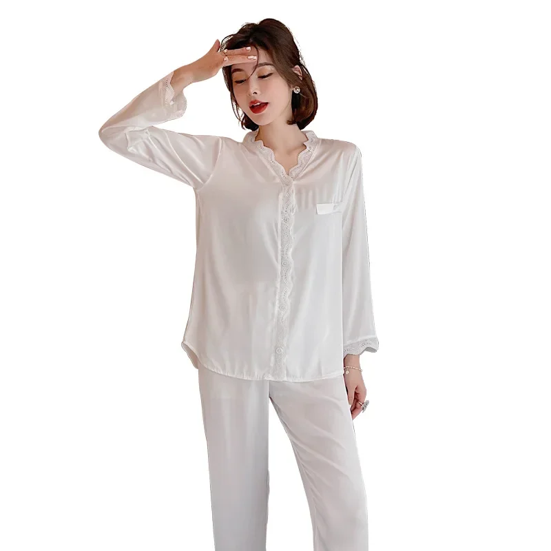 

New Women's Pajamas Set Vintage V Neck Lace Sleepwear Silk Like Nightie Leisure Home Clothes Nightwear Pyjamas Femme