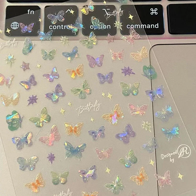 1/5sheets Fashion Butterfly Wing Streamer Laser Stickers Advanced Embossed Nail Art Stickers Colorful Butterfly Fairy Stickers