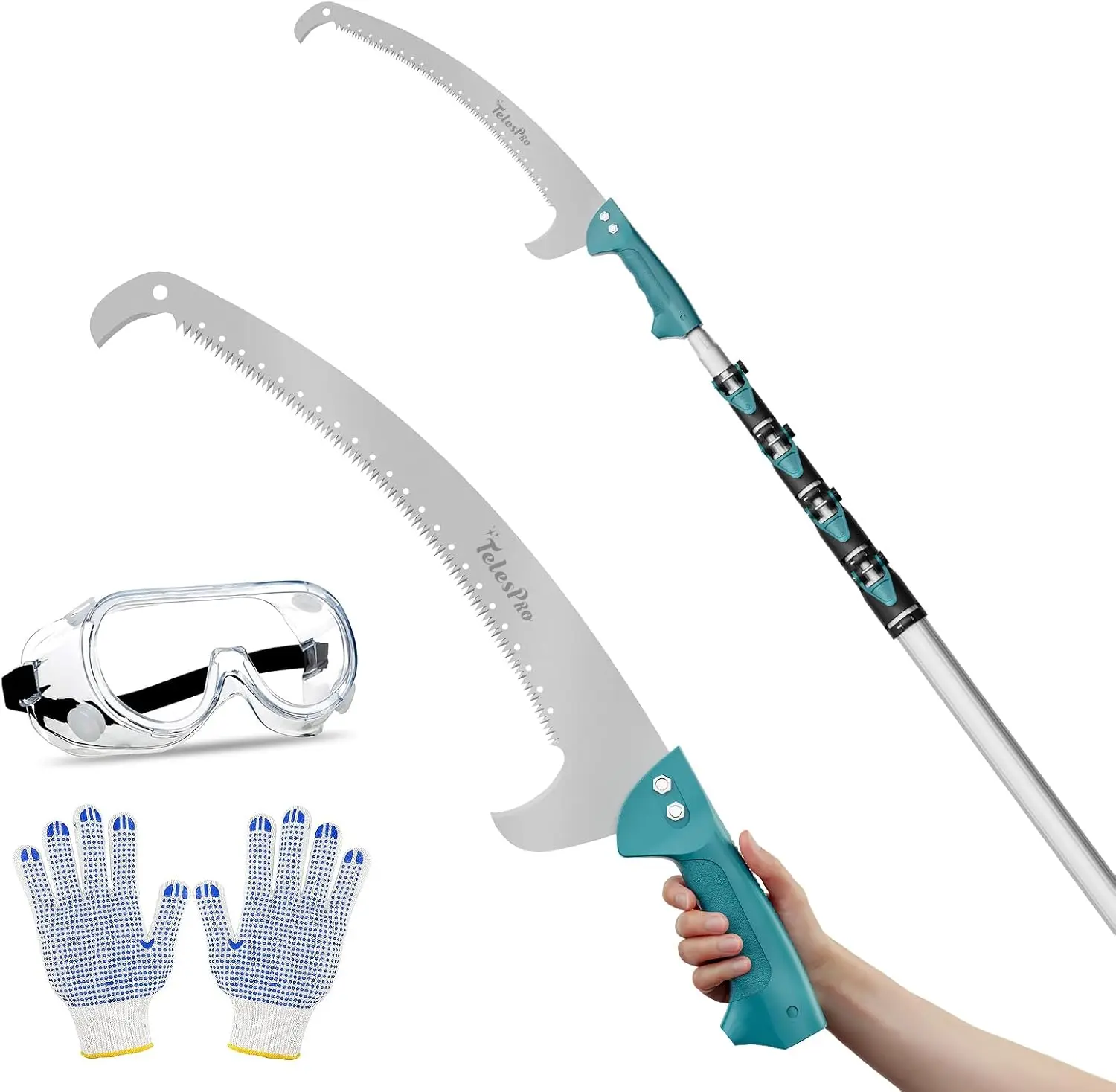 

Телескопическая пила для обрезки деревьев: 6-24 фута, в комплекте пила, защитные очки и перчатки, режет ветки диаметром до 2 дюймов.