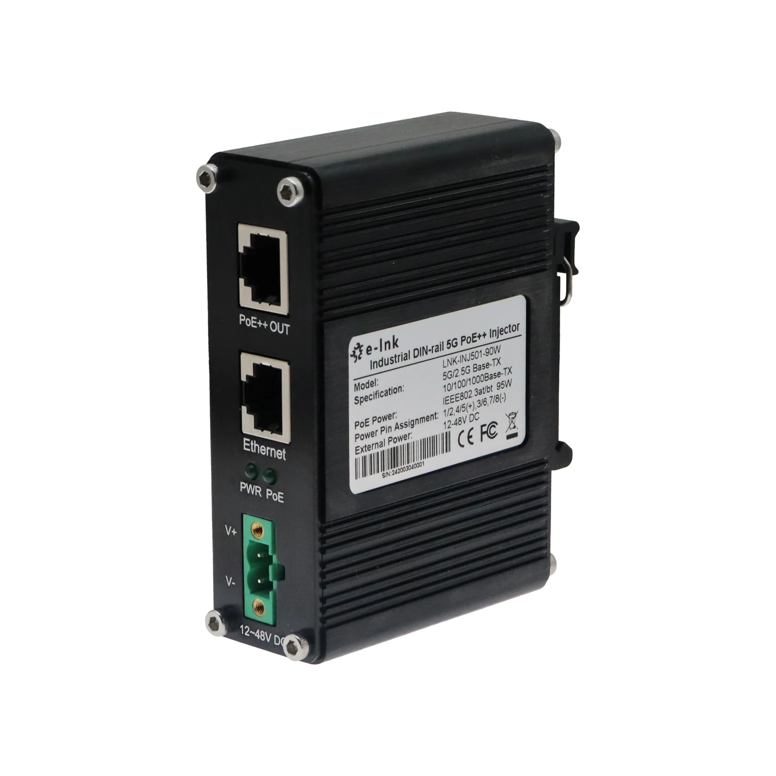محول حاقن صناعي 5G 95W 802.3bt PoE++ (12 ~ 48VDC).