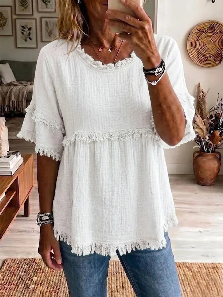 New 2026 Women O-Neck Fringe Blouses Fashion Short Sleeve Loose Solid Color Oversized Tops Summer Casual Cotton Linen Shirts