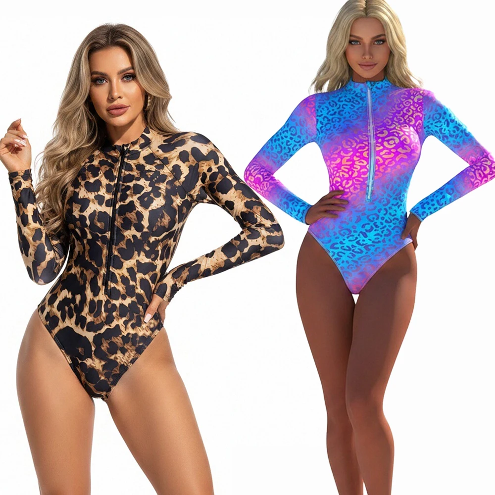 2026 Women's Swimsuit Swimming New Long-Sleeve Sun Protection Jumpsuit Leopard-Print Clothes Summer 3D Digital Print Beachwear